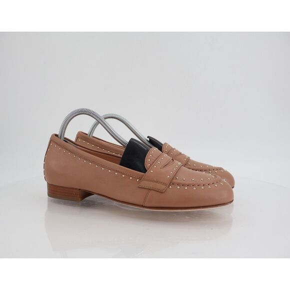 AGL Mocassin Penny Loafers Womens Size 39.5 9.5 Brown Micro Studs Slip On Shoes - Picture 1 of 13